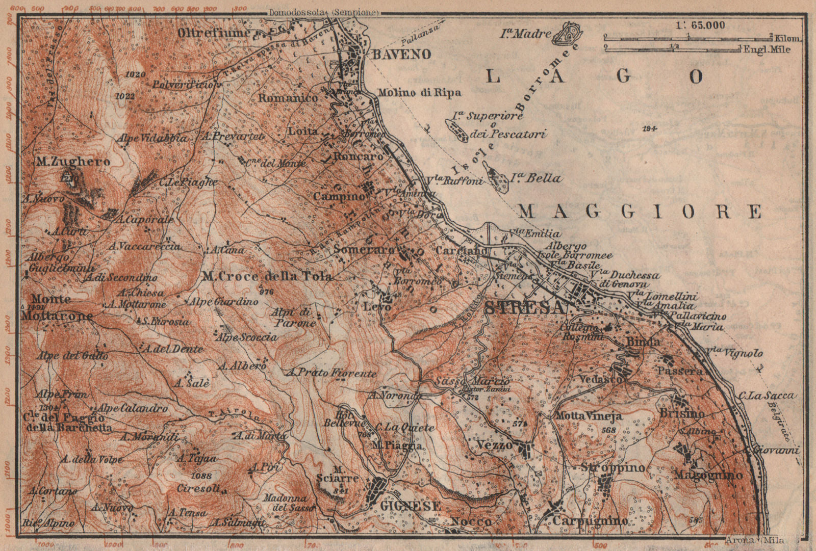 STRESA ENVIRONS. Baveno Gignese. Italy mappa. BAEDEKER 1905 old antique